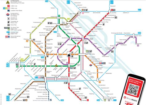 Mapa viedenského metra s vyznačenými prestupnými stanicami