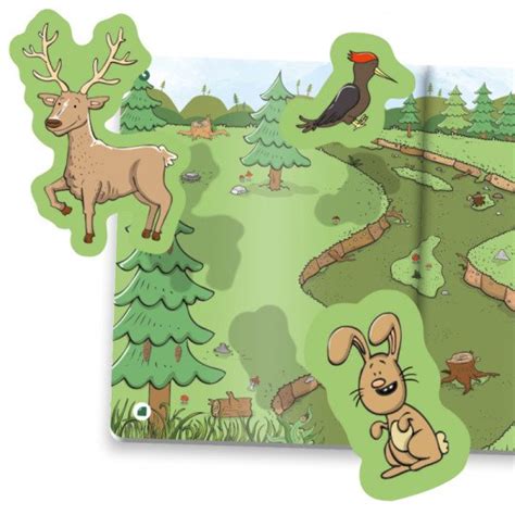 ilustrácia detí hrajúcich sa so zvieratkami v lese