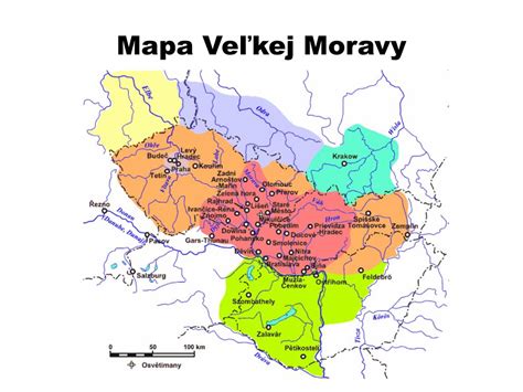 Mapa Veľkej Moravy s vyznačenými regiónmi pôsobenia Cyrila a Metoda