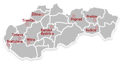 Mapa Slovenska s označenými centrami pre podporu nepočujúcich