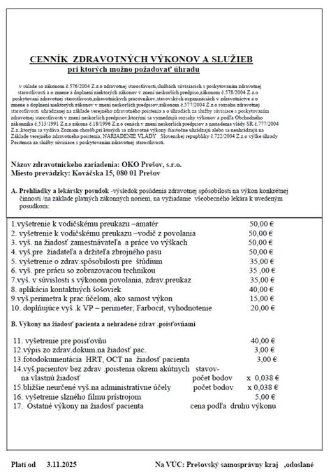 Cenník zdravotných služieb