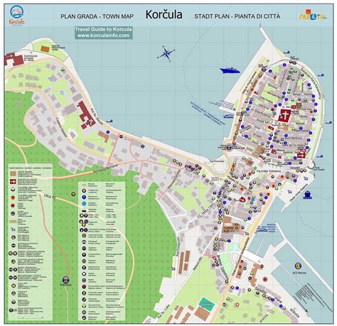 Mapa ostrova Korčula s vyznačeným mestom Korčula