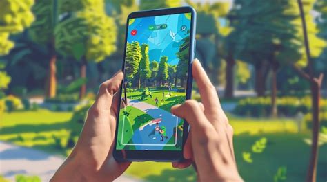 Person playing mobile game outdoors