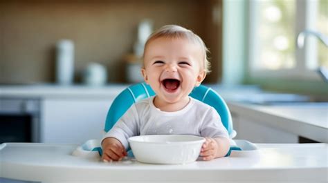 Happy baby eating porridge