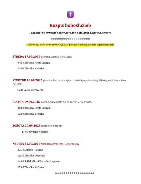 Rozpis bohoslužieb a duchovných aktivít