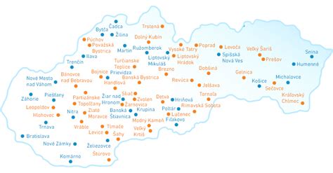 Mapa Slovenska s vyznačenými kúpeľnými mestami