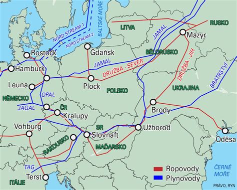 Mapa tokov ropy a plynu v strednej Európe