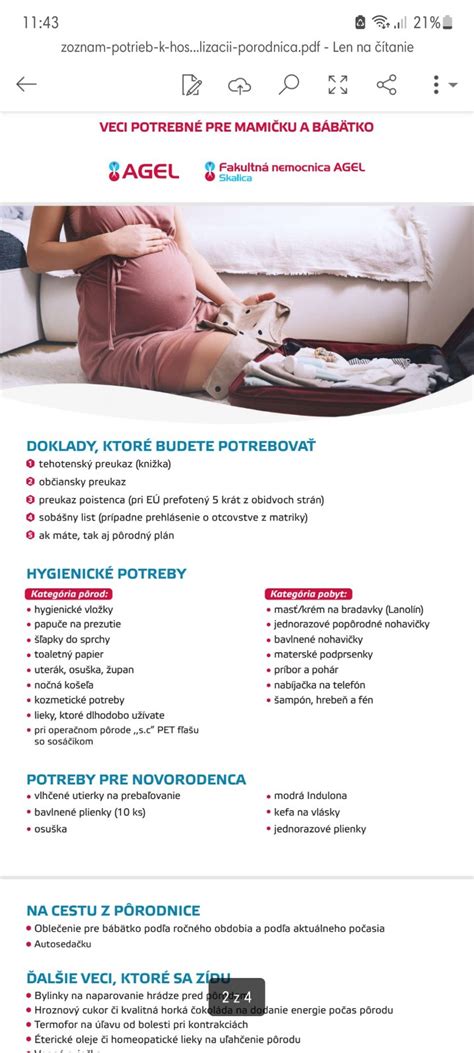 Infografika s odporúčaným zoznamom vecí do pôrodnice