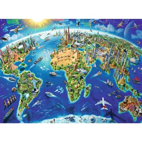 mapa sveta s ikonickými pamiatkami a rôznymi cestovateľskými symbolmi