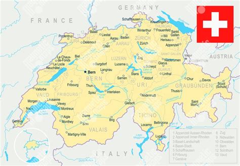 Mapa Švajčiarska s kantonálnym delením a vyznačenými regiónmi