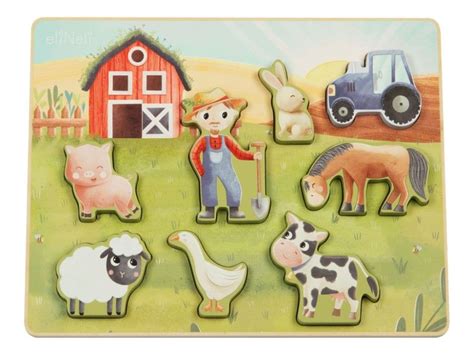 Drevené puzzle s motívom farmy a hmatovými prvkami