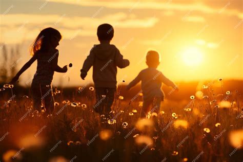 Children playing in a field with a vibrant sunset