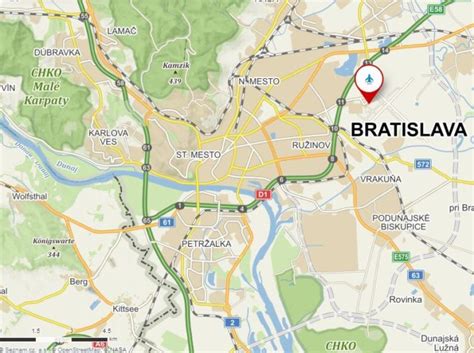 Mapa Bratislavy s vyznačenou polohou Nemocnice Ružinov