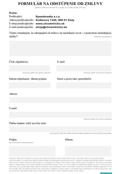 Formulár pre odstúpenie od zmluvy