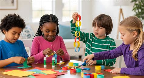 Children doing arts and crafts in a colourful room