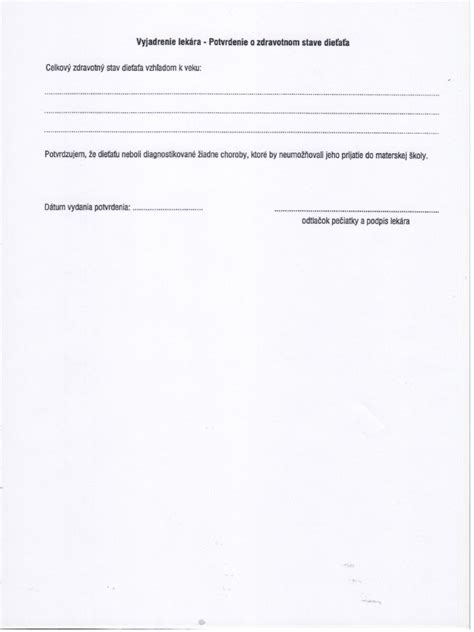 Príklad potvrdenia o zdravotnom stave pre MŠ