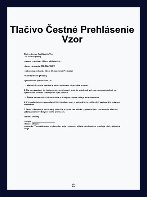 Infographic of a sample Čestné prehlásenie structure