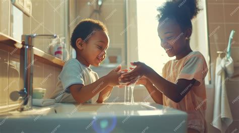 Children washing hands with a caregiver, emphasizing hygiene