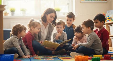A caregiver reading a storybook to a group of attentive toddlers
