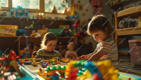 Children playing in a brightly lit nursery with a caregiver