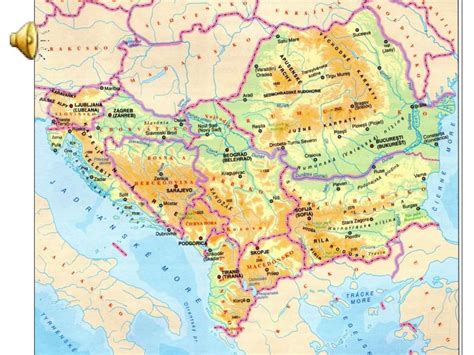 Mapa bývalej Juhoslávie s vyznačením Medžugoria a Mostaru