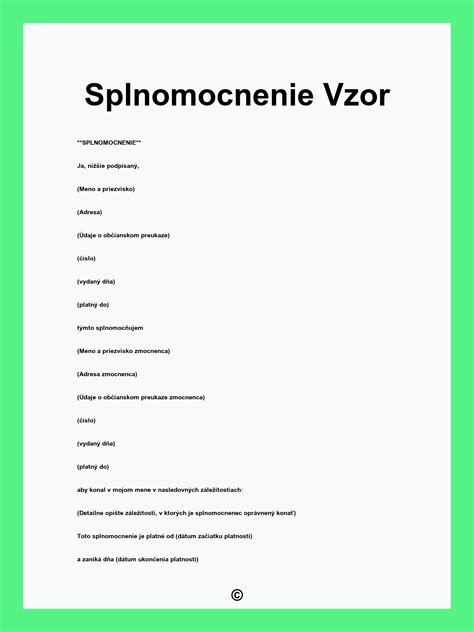 Vzorový formulár splnomocnenia s vyznačenými poľami na vyplnenie
