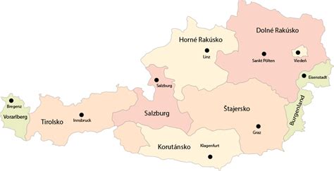 Mapa Rakúska s vyznačením sociálnych úradov