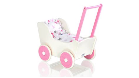 Drevený kočík pre bábiky s pastelovými farbami