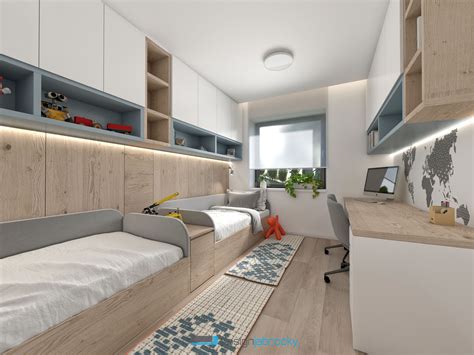 Interiér detskej izby s drevenou postieľkou