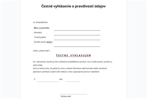 vzor čestného vyhlásenia