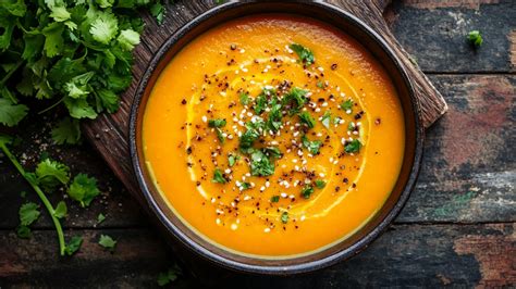 Miska sladkej oranžovej polievky s kokosovým mliekom