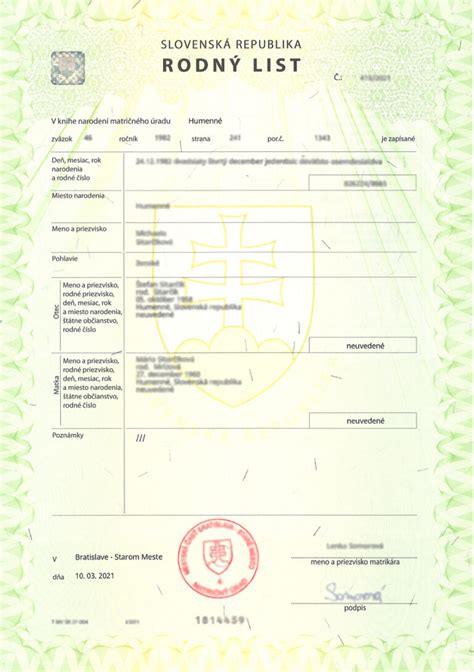 Vzor slovenského rodného listu