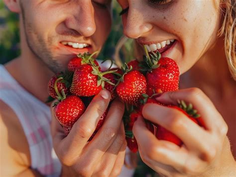 Couple in an intimate moment, eating strawberries