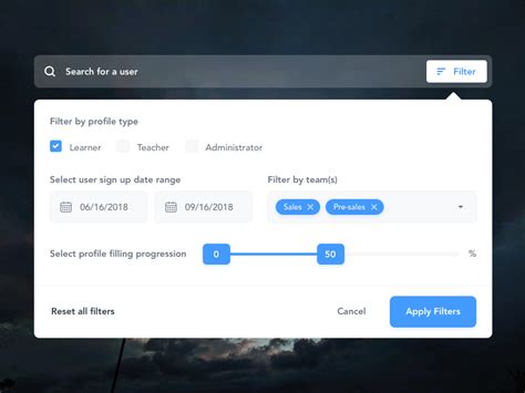 Search bar with advanced filter options