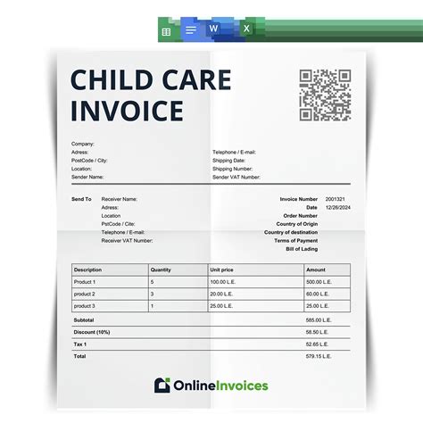 Invoice with itemized childcare costs