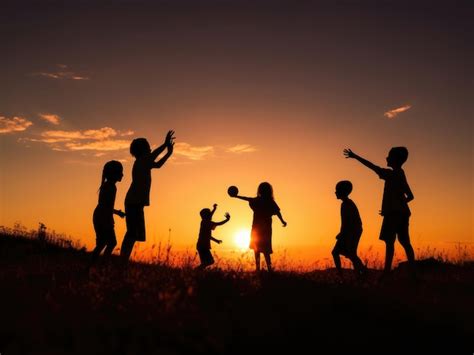 Playing children silhouettes at sunset