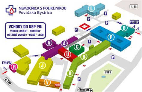 Mapa Nemocnice Poprad s vyznačenými vchodmi a cestou na pôrodnú sálu