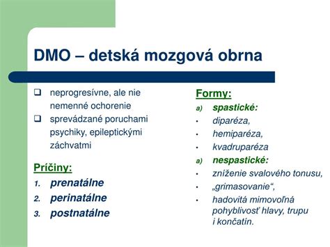 Infografika príčin DMO (prenatálne, perinatálne, postnatálne faktory)