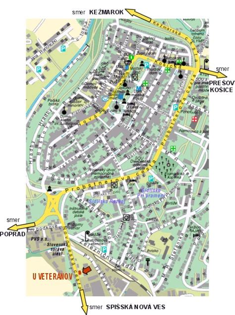 Mapa Levoče s vyznačeným miestom jaslí (hypotetická)