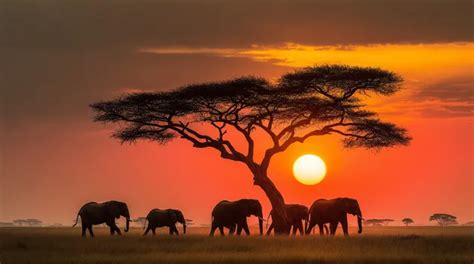 Rodina slonov na savane pri západe slnka