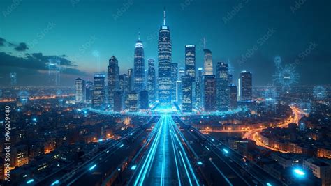 A futuristic city skyline with digital overlays, symbolizing technological integration in everyday life