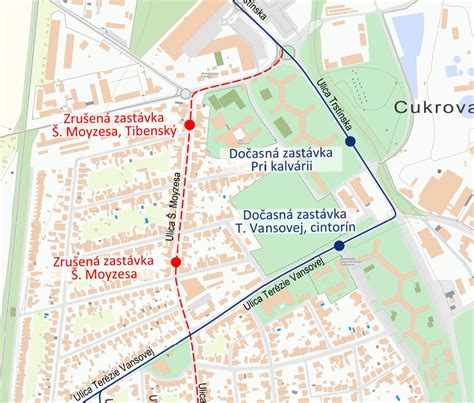 Mapa Ružomberka s vyznačenou ulicou Š. Moyzesa a okolím