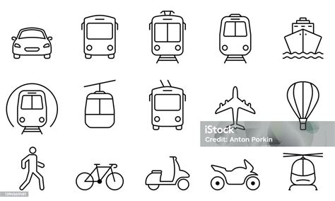 piktogramy rôznych druhov dopravy (autobus, vlak, lietadlo, auto)