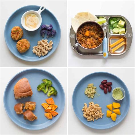 Healthy toddler meal options (e.g., small pieces of meat, vegetables, pasta)