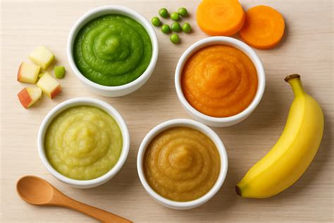 Variety of baby food purees in small bowls