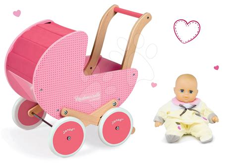 Drevený kočík pre bábiky s detailom drevenej konštrukcie a zaoblených hrán