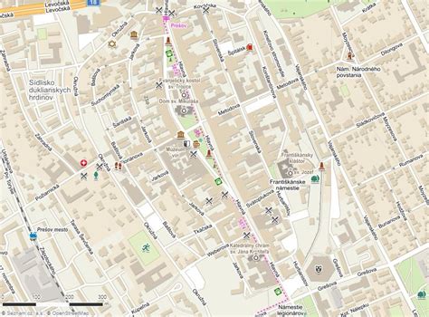 Mapa historického centra Prešova s vyznačenými pamiatkami