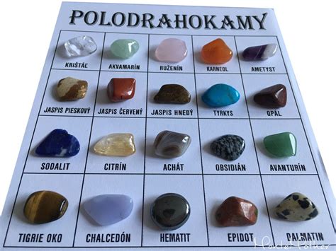 Zobrazenie rôznych druhov drahých kameňov a polodrahokamov zoradených podľa farieb