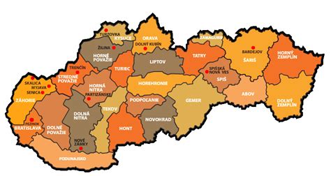 Mapa Oravy s vyznačenými rodnými miestami osobností