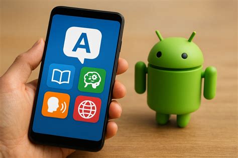 Mobilná aplikácia na výučbu jazykov s ikonami pre rôzne funkcie (slovník, testy, hry)